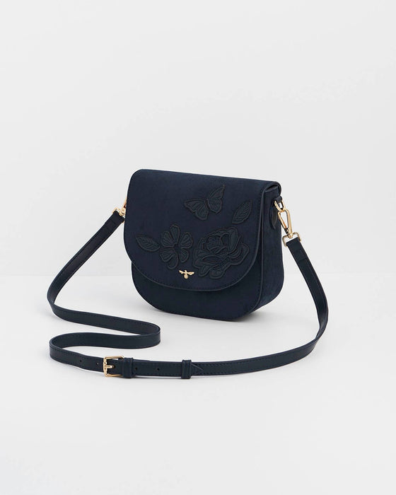 Fable England Navy Floral Suedette Saddle Bag | Beth Crossbody Purse