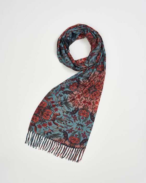 Fable England Folksy Fox Teal Scarf with Tassels | Soft Winter Scarf