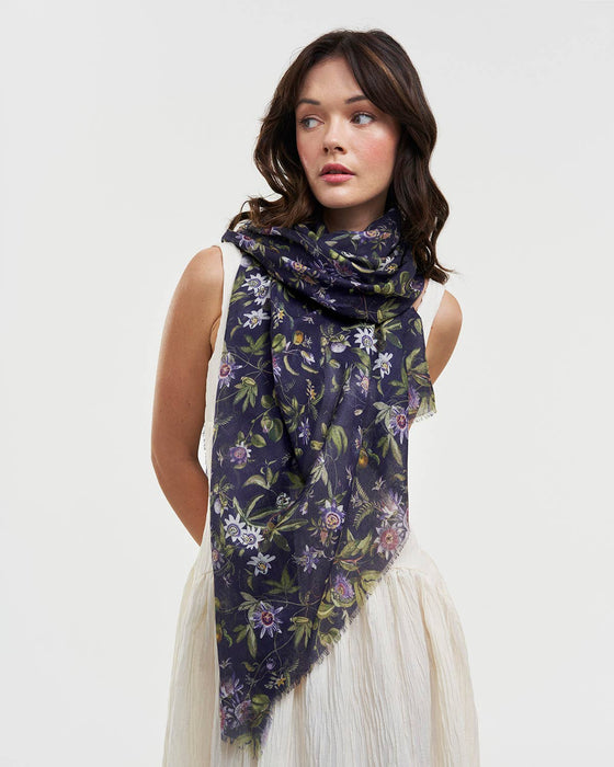 Fable England UK - Passion Flower Navy Lightweight Long Scarf