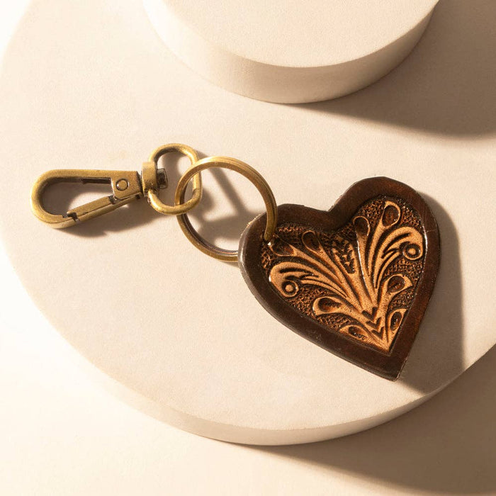 Myra Bag - Carved Heart Western Key Fob in dark brown with handtooled detail: Dark Brown