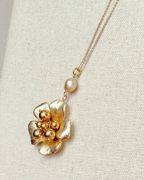 Gold Floral Pearl Statement Necklace – 16” Gold-Plated Chain with Freshwater Pearl Drop | Bold Romantic Jewelry, Bridal Statement Piece