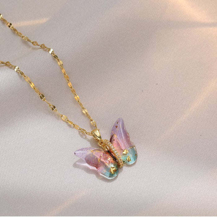 Perimade & Co. LLC - Colorful Butterfly Pendant Necklace in Stainless Steel: Gold/Pink