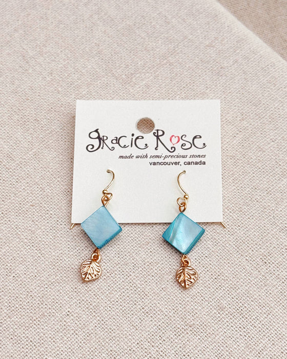 Gracie Rose Designs - Azure Blue Mother of Pearl Shell Leaf Dangle Earrings