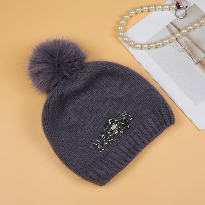 PEACH ACCESSORIES - Crystals Flowers Pompom Hat SD116: Grey
