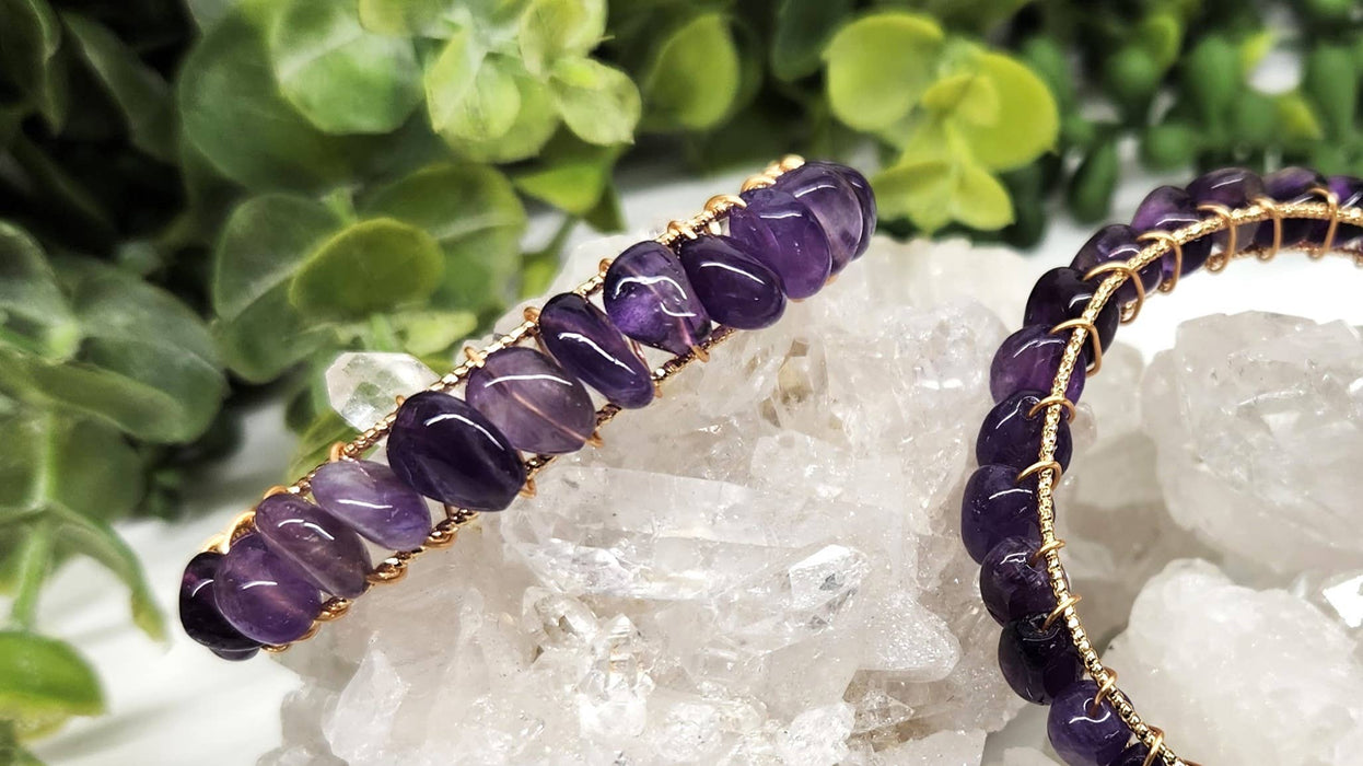 Meraki Gemstones - Amethyst Bangle/Cuff/Wire Wrapped Bracelet-18kt.Gold Overlay: YELLOW GOLD
