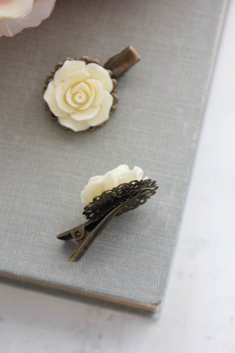 A Pocket of Posies - Cream Rose Hair Clips - Alligator Clips - Two Piece