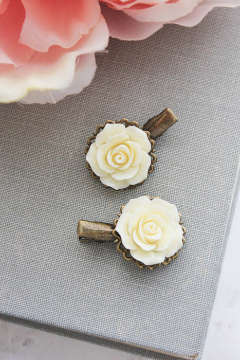 A Pocket of Posies - Cream Rose Hair Clips - Alligator Clips - Two Piece