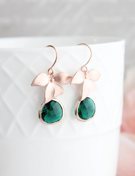 A Pocket of Posies - Rose Gold Orchid Earrings - Emerald Green