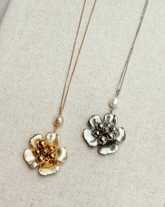 Gold Floral Pearl Statement Necklace – 16” Gold-Plated Chain with Freshwater Pearl Drop | Bold Romantic Jewelry, Bridal Statement Piece