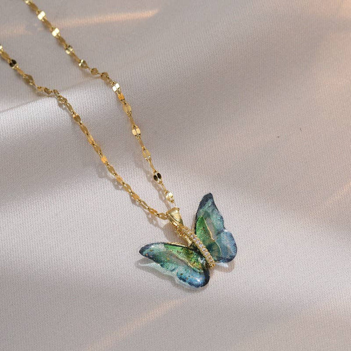 Perimade & Co. LLC - Colorful Butterfly Pendant Necklace in Stainless Steel: Gold/Pink