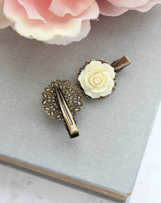 A Pocket of Posies - Cream Rose Hair Clips - Alligator Clips - Two Piece