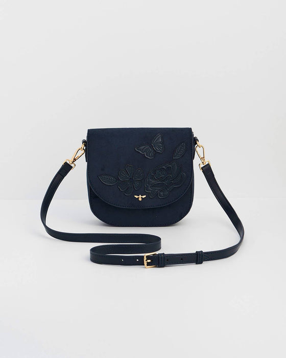 Fable England Navy Floral Suedette Saddle Bag | Beth Crossbody Purse