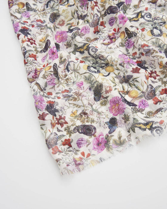 Elegant Floral Engraved Scarf – Lightweight Cream Long Wrap with Vintage Botanical Print | UK-Inspired Fashion Accessory