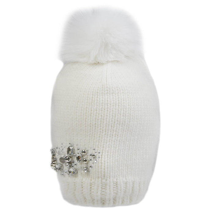 PEACH ACCESSORIES - Crystals Flowers Pompom Hat SD116: Silver