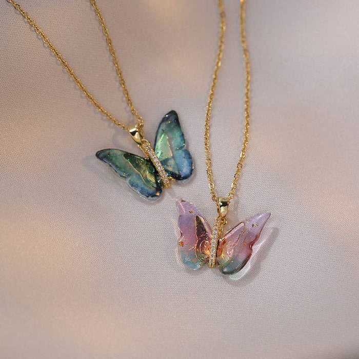 Perimade & Co. LLC - Colorful Butterfly Pendant Necklace in Stainless Steel: Gold/Pink