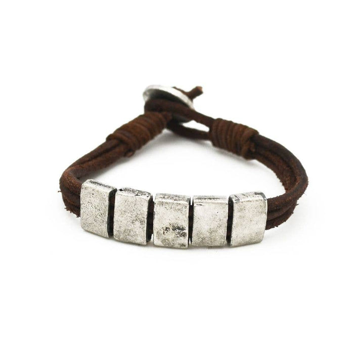 Anju Jewelry - Aadi Five Silver Rectangles and Brown Leather Men's Bracelet