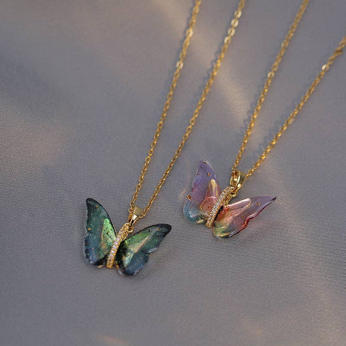 Perimade & Co. LLC - Colorful Butterfly Pendant Necklace in Stainless Steel: Gold/Pink