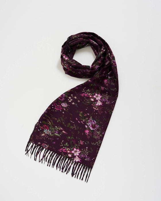 Fable England Eve Floral Burgundy Scarf | Long Fringed Floral Print Scarf