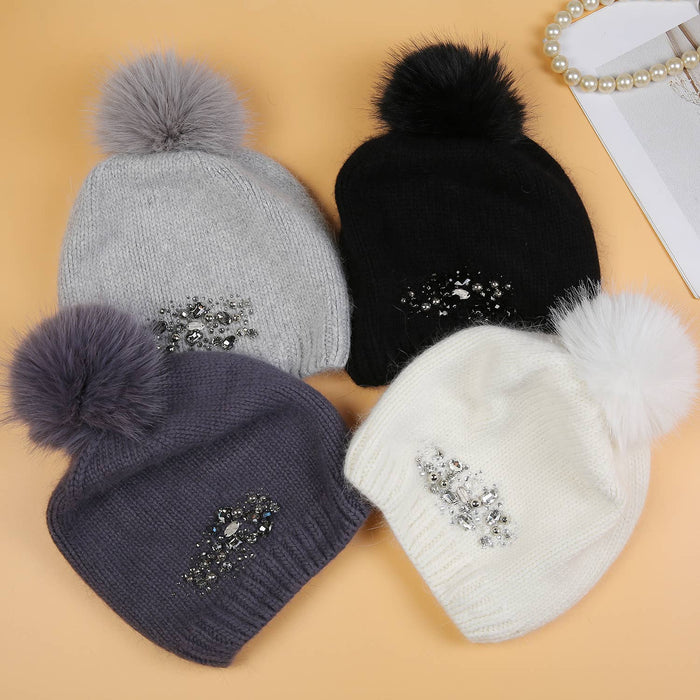 PEACH ACCESSORIES - Crystals Flowers Pompom Hat SD116: Silver