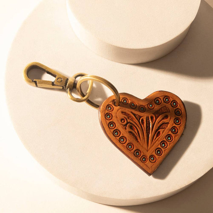 Myra Bag - Studded Heart Western Key Fob in brown with handtooled detail: Brown