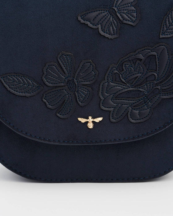 Fable England Navy Floral Suedette Saddle Bag | Beth Crossbody Purse