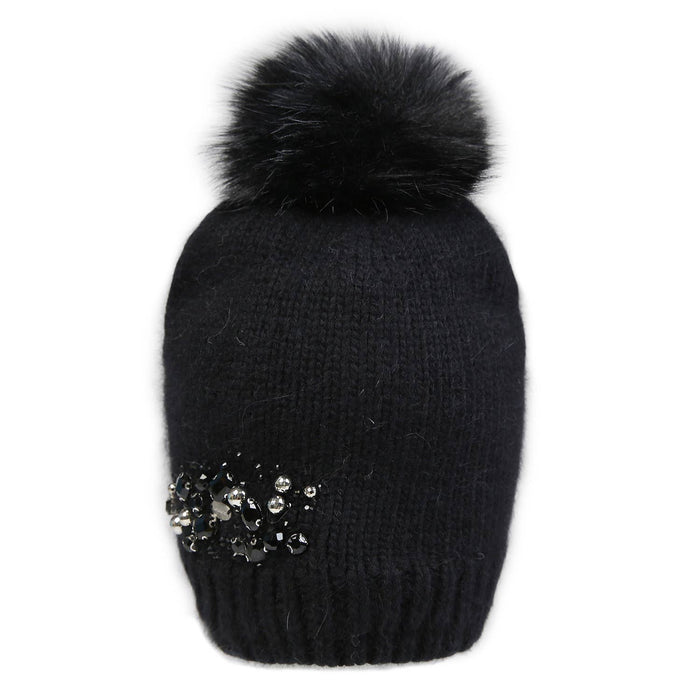 PEACH ACCESSORIES - Crystals Flowers Pompom Hat SD116: Black