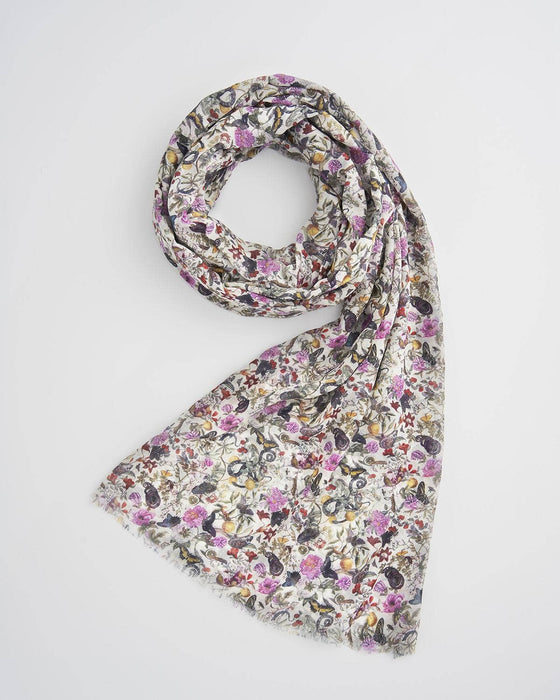 Elegant Floral Engraved Scarf – Lightweight Cream Long Wrap with Vintage Botanical Print | UK-Inspired Fashion Accessory