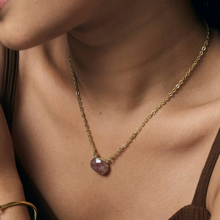 Anju Strawberry Quartz Necklace | Handcrafted Gold-Plated Natural Gemstone Pendant | Made in India