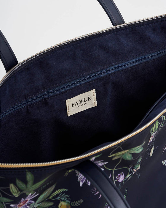 Navy Floral Grab Tote Bag – Passion Flower Print Shoulder Handbag with Zip Closure | Large Everyday Work & Travel Tote