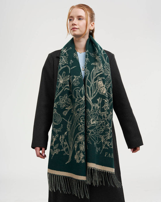 Fable England Midnight Garden Reversible Forest Green Scarf | Butterfly Jacquard