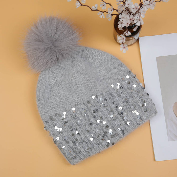 PEACH ACCESSORIES - Glam Glitter Cuff Winter Pompom Hat SD110: Silver