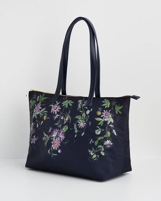 Navy Floral Grab Tote Bag – Passion Flower Print Shoulder Handbag with Zip Closure | Large Everyday Work & Travel Tote