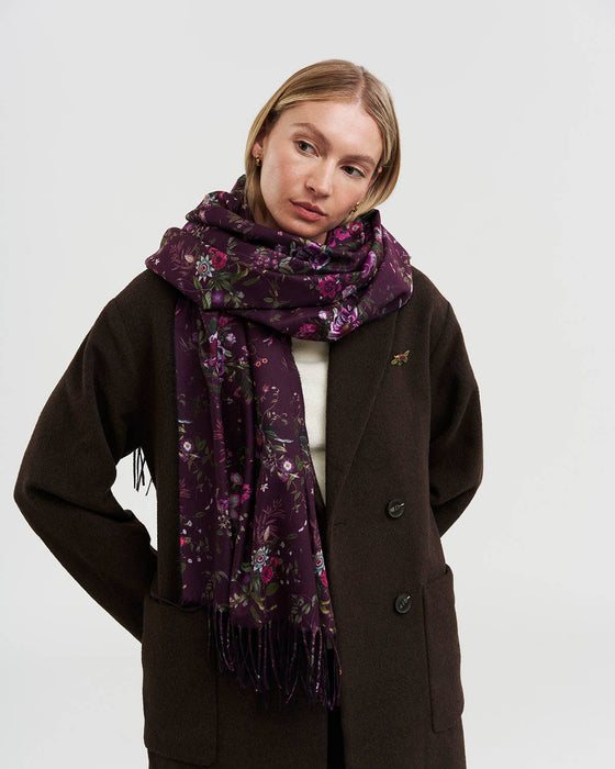 Fable England Eve Floral Burgundy Scarf | Long Fringed Floral Print Scarf