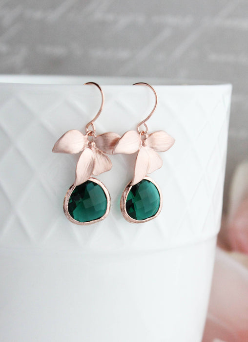 A Pocket of Posies - Rose Gold Orchid Earrings - Emerald Green