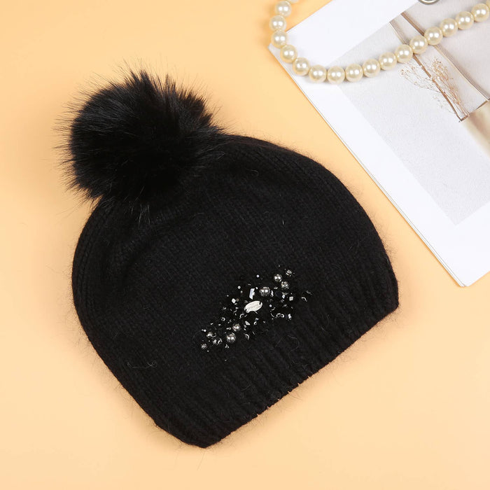 PEACH ACCESSORIES - Crystals Flowers Pompom Hat SD116: Black