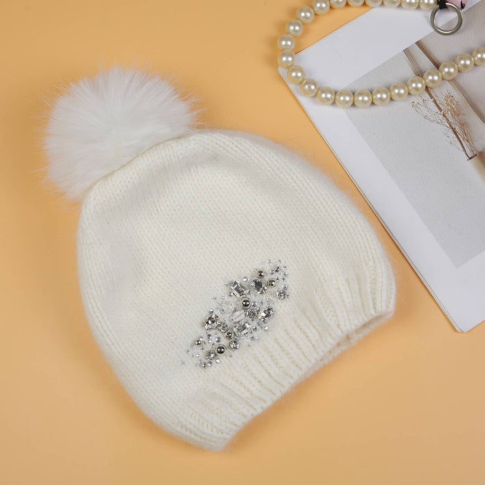 PEACH ACCESSORIES - Crystals Flowers Pompom Hat SD116: Silver