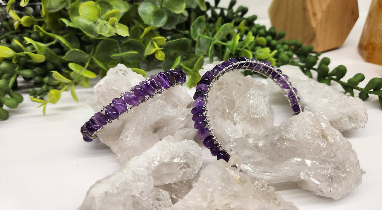 Meraki Gemstones - Amethyst Bangle/Cuff/Wire Wrapped Bracelet-18kt.Gold Overlay: YELLOW GOLD