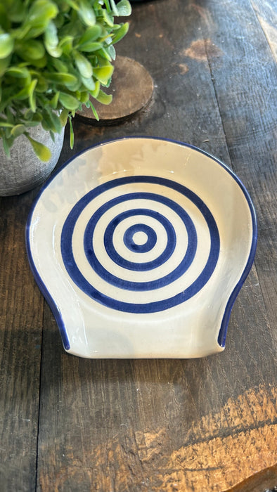 Hand-Painted Tunisian Ceramic Spoon Rest – Blue Stripe