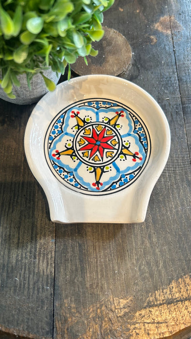 Hand-Painted Tunisian Ceramic Spoon Rest – Mediterranean Mandala