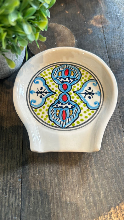 Hand-Painted Tunisian Ceramic Spoon Rest – Mediterranean Floral Tile