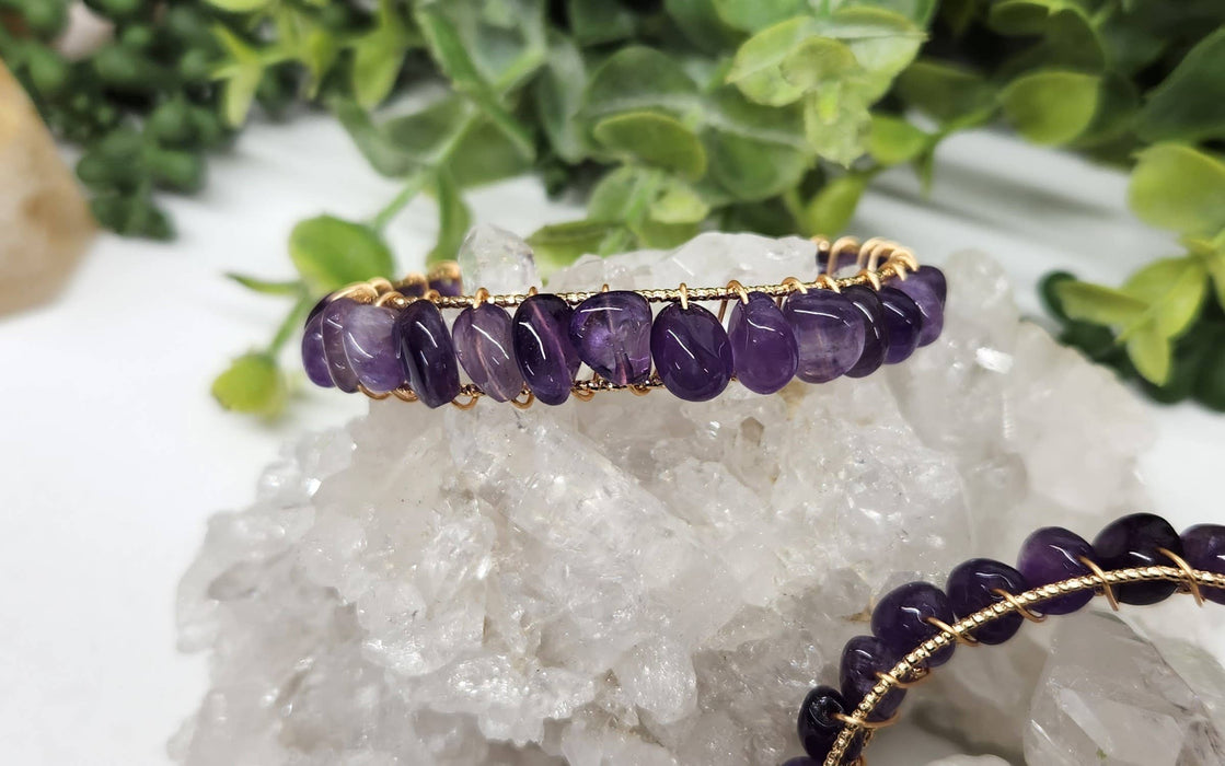 Meraki Gemstones - Amethyst Bangle/Cuff/Wire Wrapped Bracelet-18kt.Gold Overlay: YELLOW GOLD