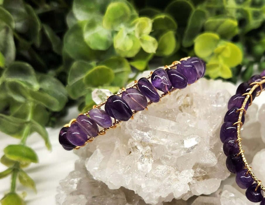 Meraki Gemstones - Amethyst Bangle/Cuff/Wire Wrapped Bracelet-18kt.Gold Overlay: YELLOW GOLD