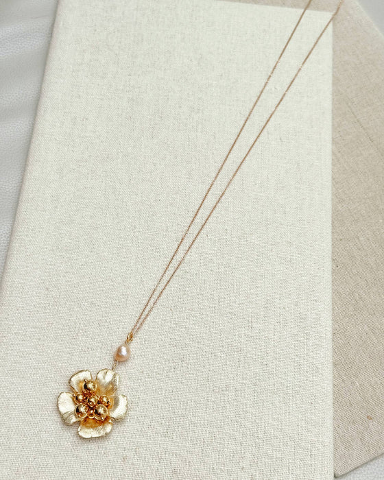 Gold Floral Pearl Statement Necklace – 16” Gold-Plated Chain with Freshwater Pearl Drop | Bold Romantic Jewelry, Bridal Statement Piece
