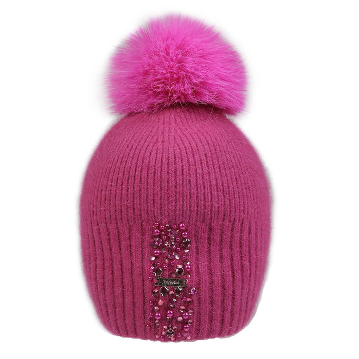 PEACH ACCESSORIES - Decorative Perlies Accent Pompom Hat SD120: Fuchsia