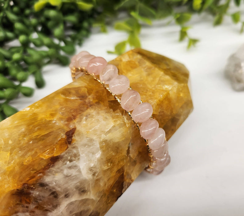 Meraki Gemstones - Rose Quartz Bangle/Cuff/Wire Wrapped -18kt. Gold Overlay: YELLOW GOLD