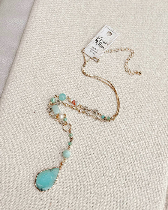 Gracie Rose Designs - Blue Semi-Precious Link Chain Amazonite Pendant Y Necklace