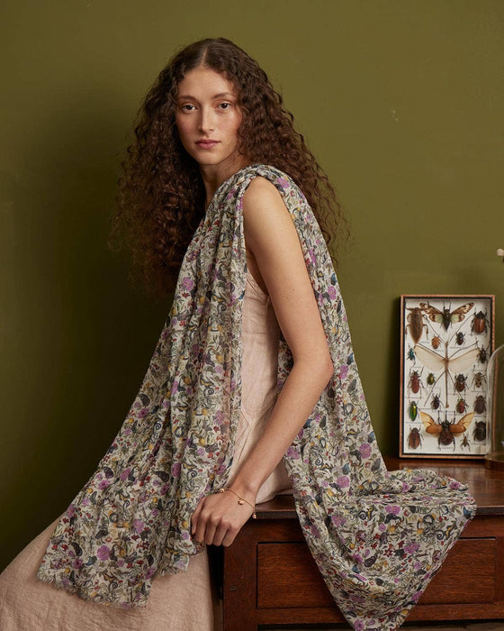 Elegant Floral Engraved Scarf – Lightweight Cream Long Wrap with Vintage Botanical Print | UK-Inspired Fashion Accessory