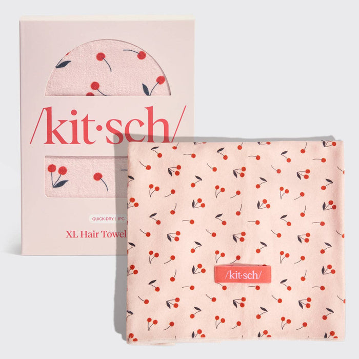 Kitsch Extra Large Microfiber Hair Towel Wrap Cherry Print – Quick Dry Hair Turban, Ultra Absorbent, Anti Frizz, Reduces Breakage, Soft Lightweight