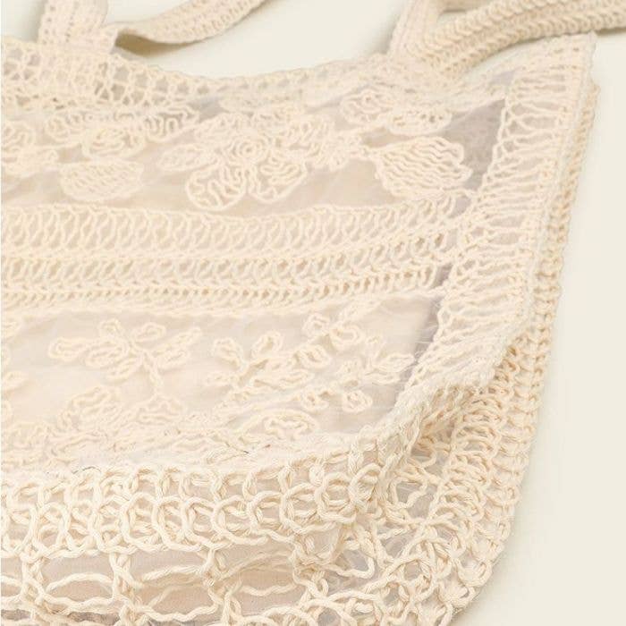 PEACH ACCESSORIES - Cream Embroidered Lace Summer Floral Tote Bag