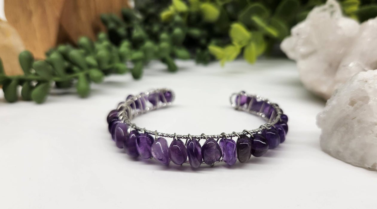 Meraki Gemstones - Amethyst Bangle/Cuff/Wire Wrapped Bracelet-18kt.Gold Overlay: YELLOW GOLD